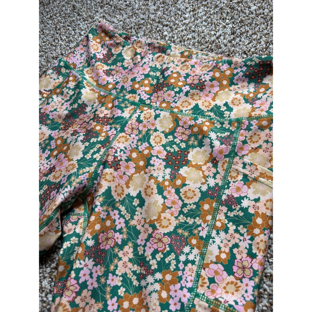 ebb & flow Biker Shorts Medium Green Pink Floral High Waist Pockets Athleisure - Picture 2 of 5